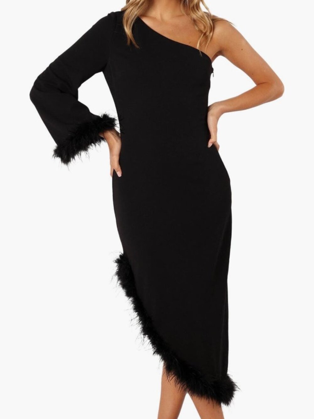 Petal & Pup Dame Feather Trim One-Shoulder Midi Cocktail Dress Size Medium Black